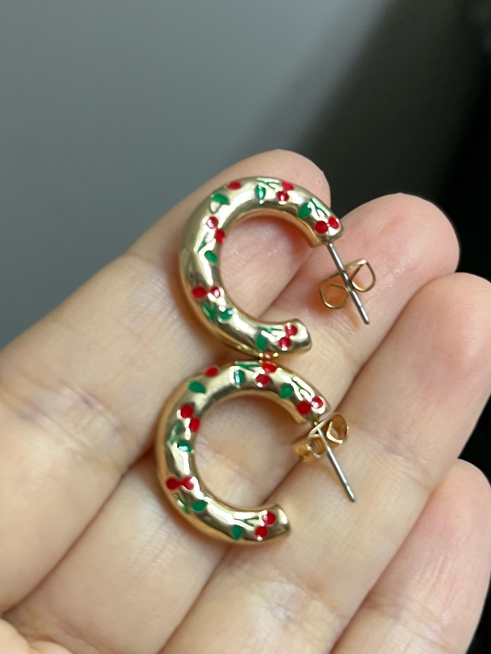 Gold-Tone Hoop Earrings with Red & Green Enamel Berry Accents never worn